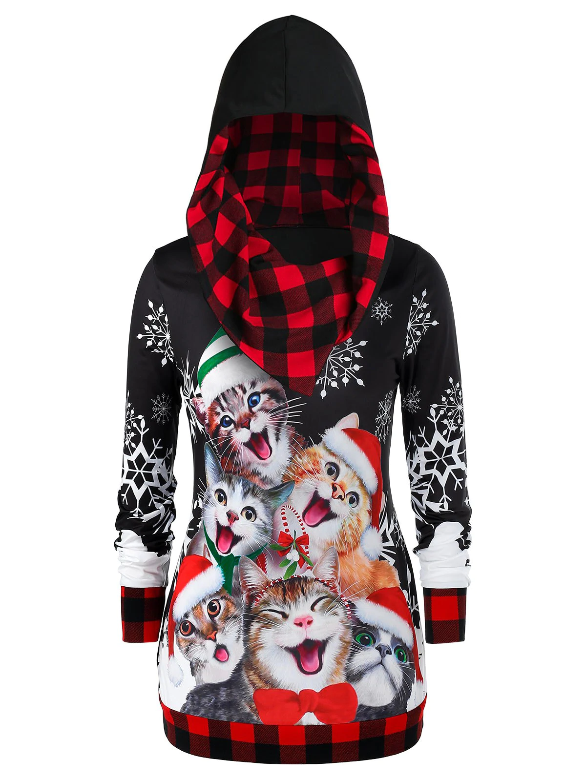 Plus Size Plaid Cat Print Christmas Hoodie