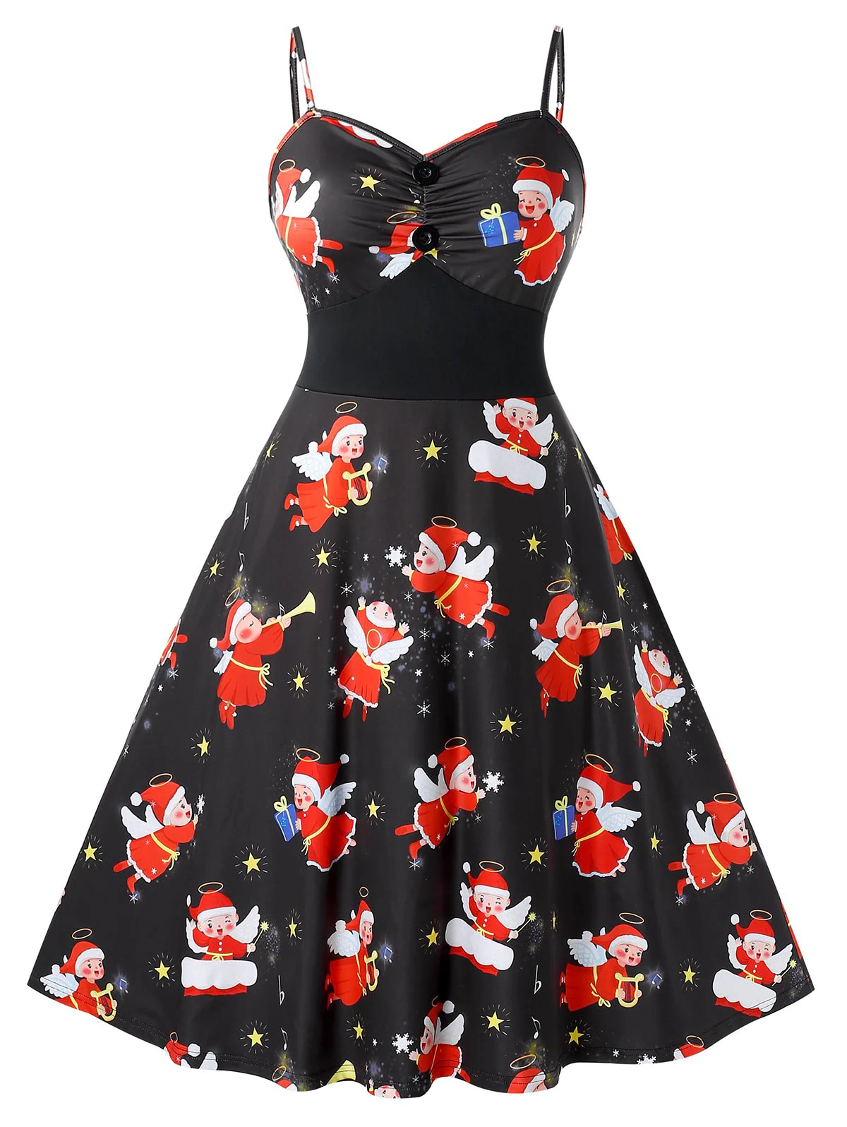 Plus Size Vintage Christmas Angel Print Dress