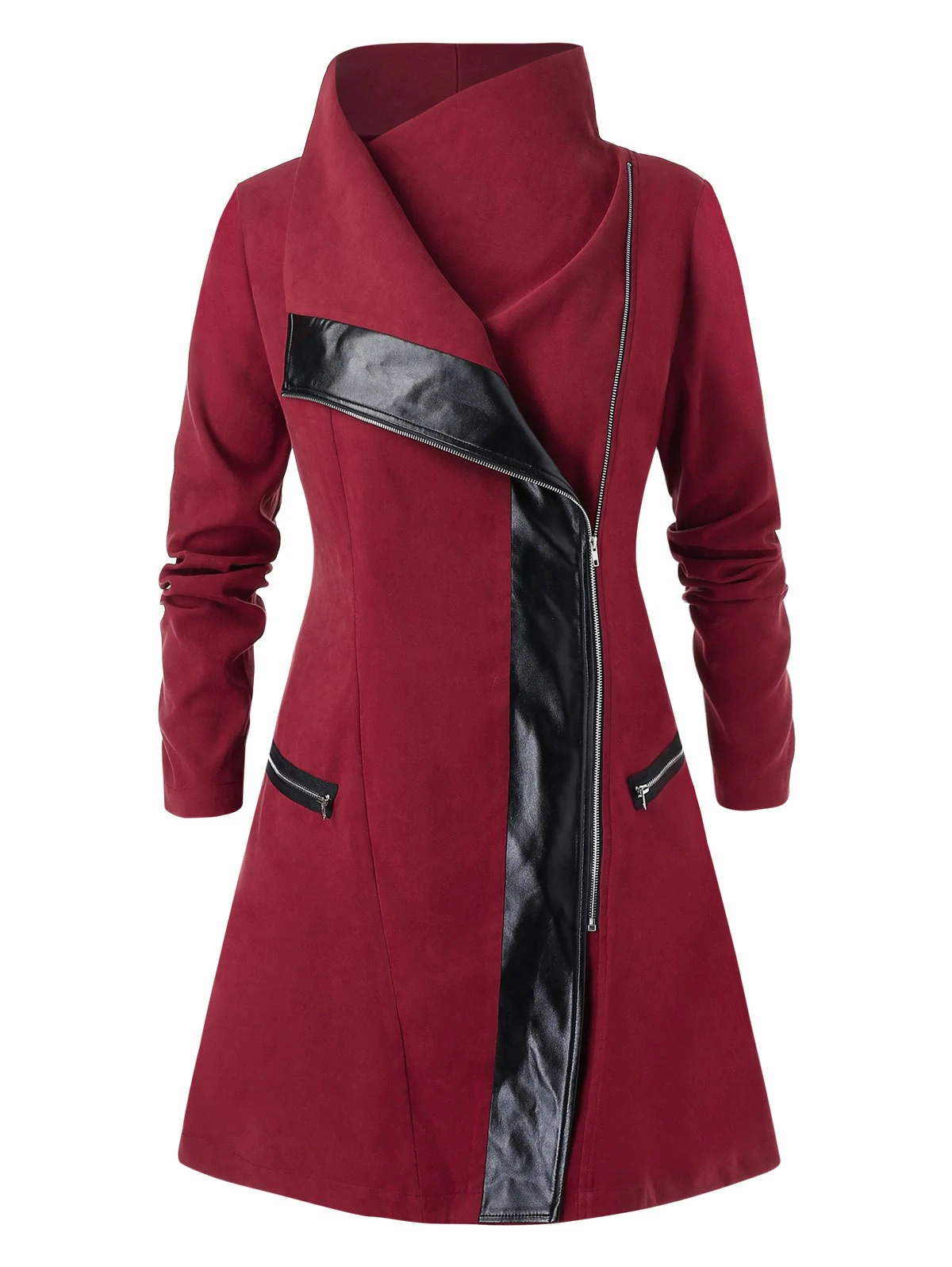 Plus Size Zipper Fly High Collar Contrast Coat