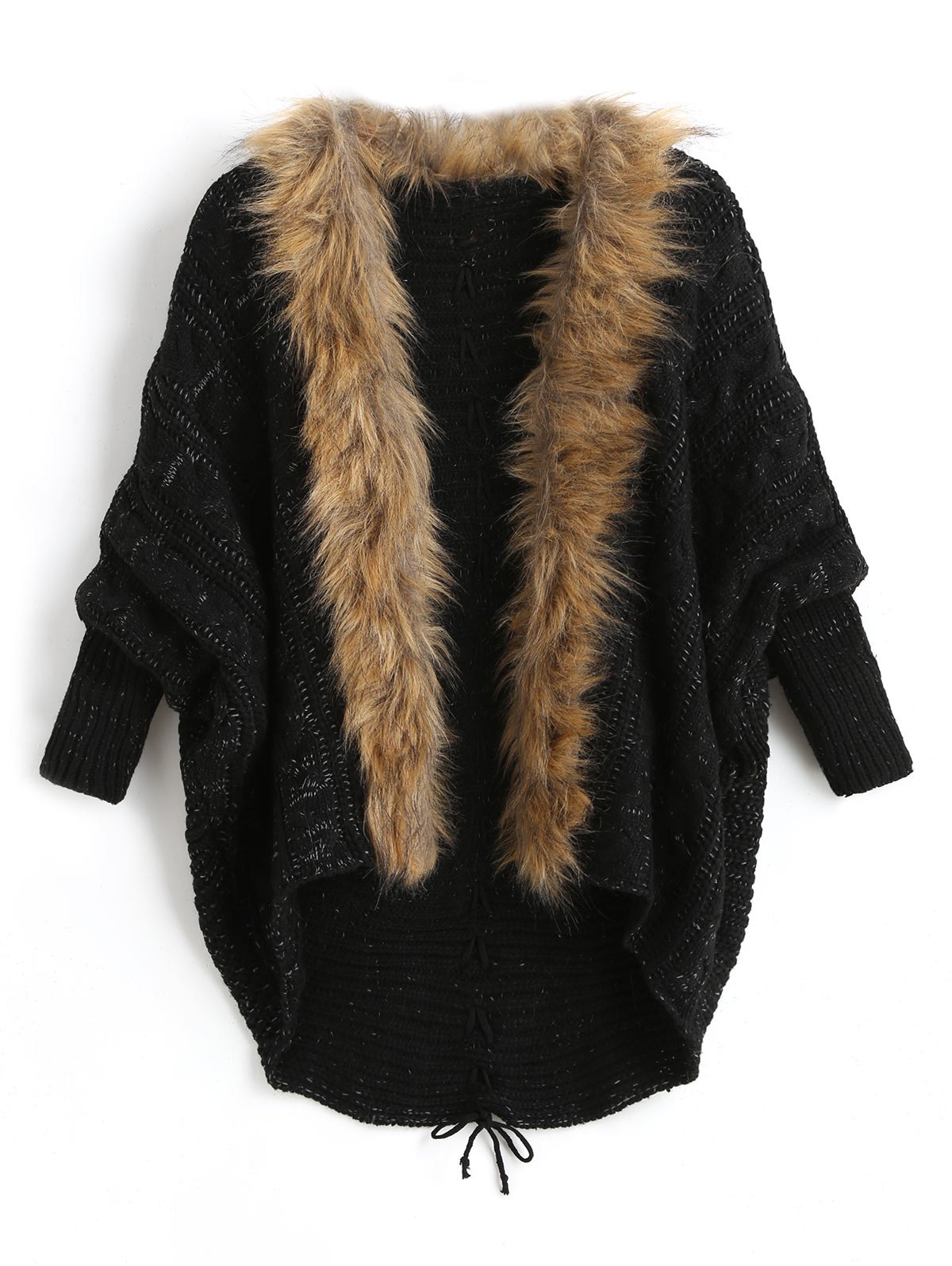 Plus Size Batwing Sleeve Faux Fur Lace Up Chunky Cardigan