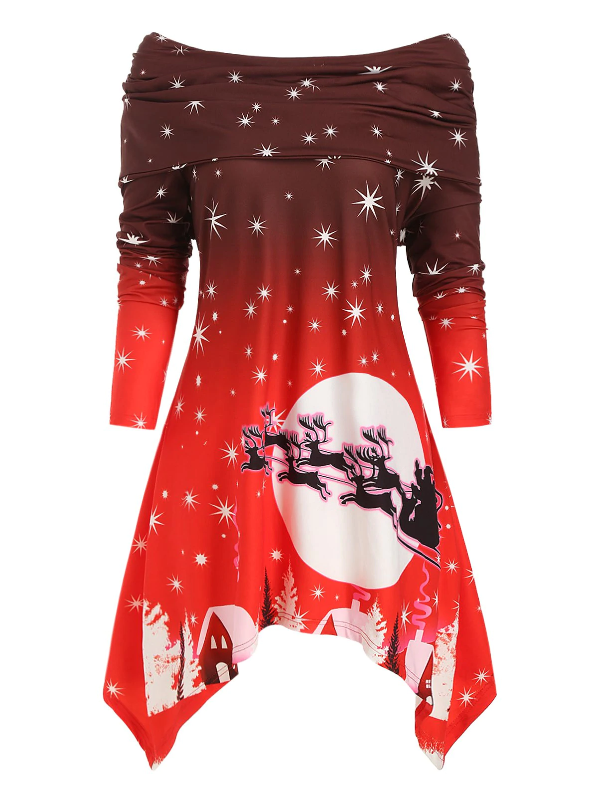 Plus Size Off The Shoulder Foldover Printed Christmas Dress