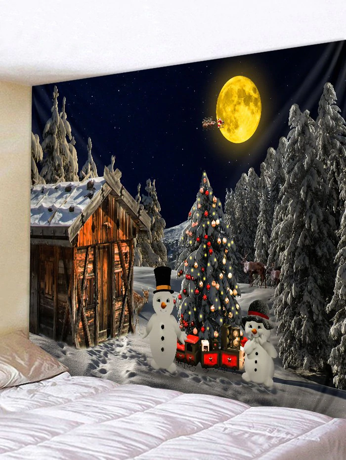 Christmas Tree Snowman Huts 3D Print Tapestry