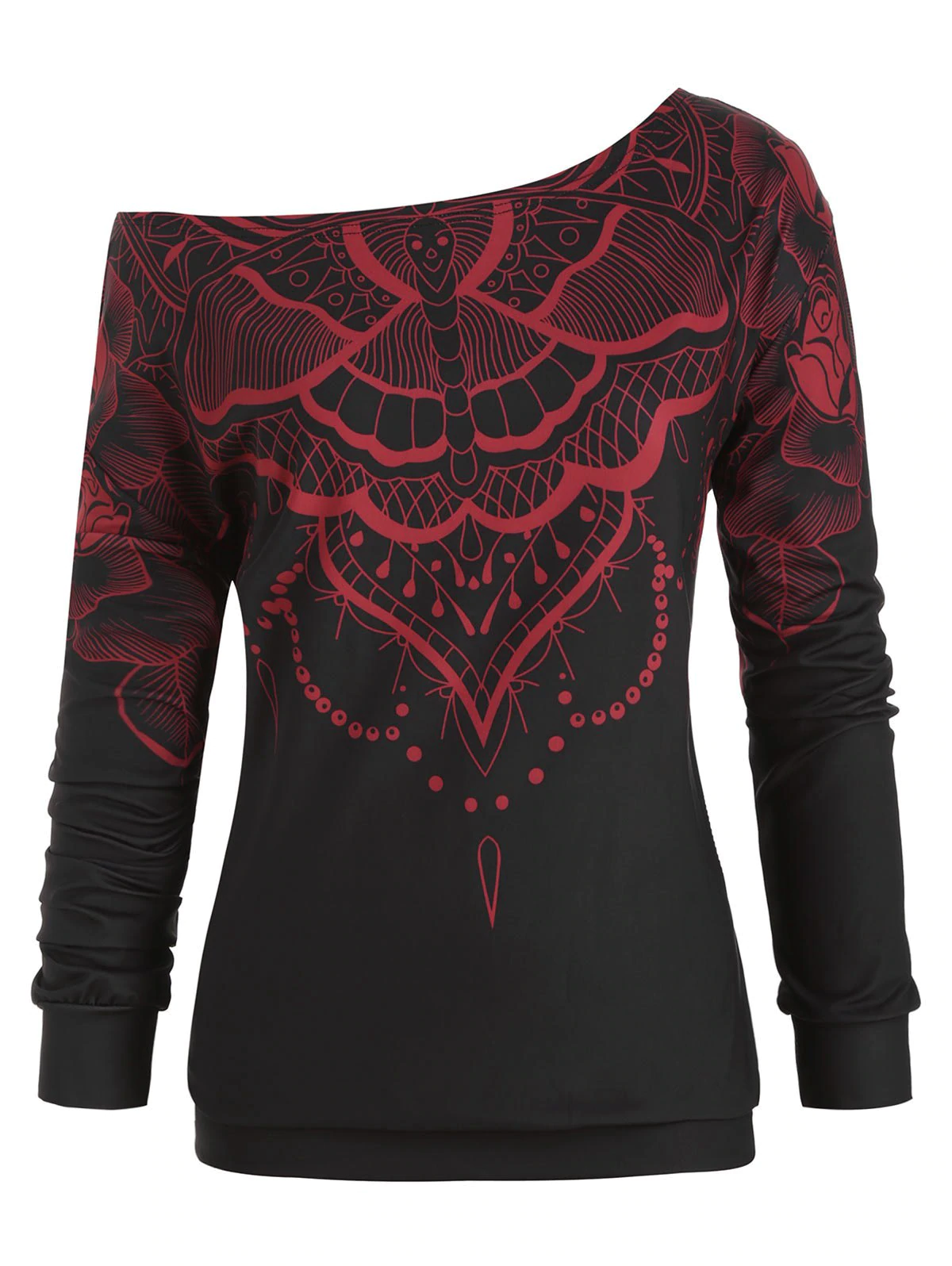 Plus Size Skew Neck Floral Butterfly Print Sweatshirt