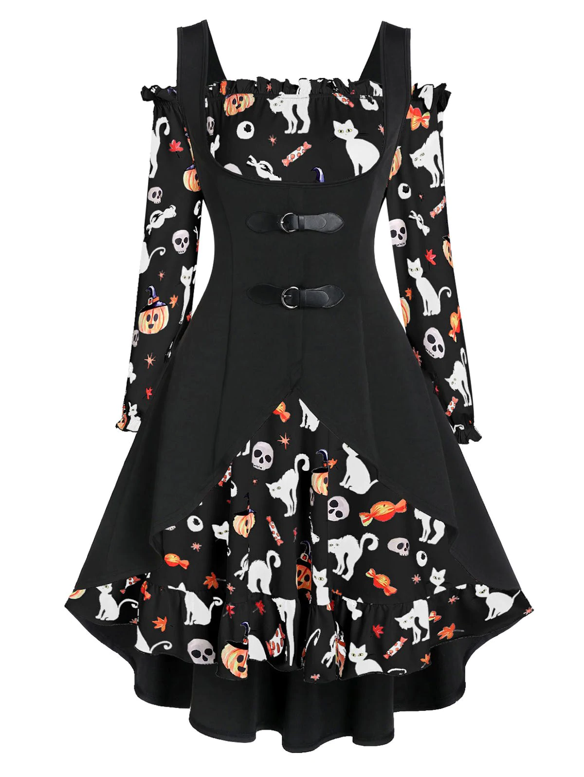 A Line Pumpkin Print Halloween Dress with High Low Top