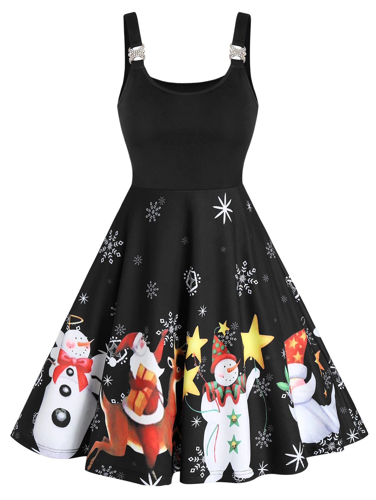 Christmas Santa Claus Snowman Print Sleeveless Flare Dress