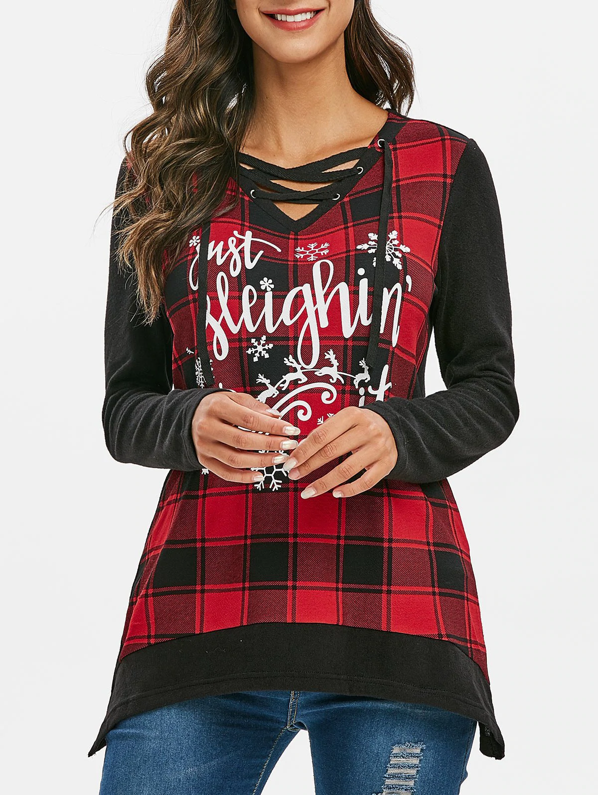 hristmas Elk Plaid Lace Up Asymmetrical Knitwear