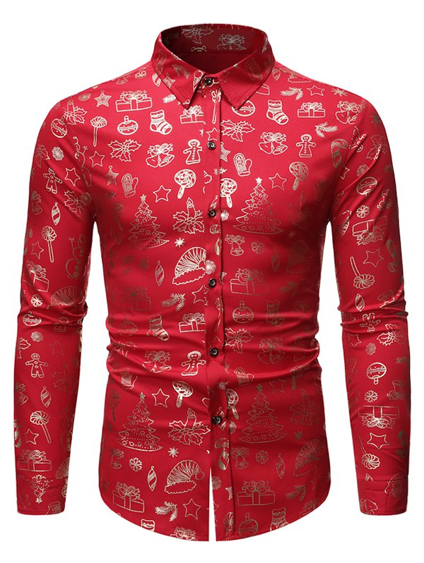 Christmas Pattern Allover Print Long Sleeve Button Shirt