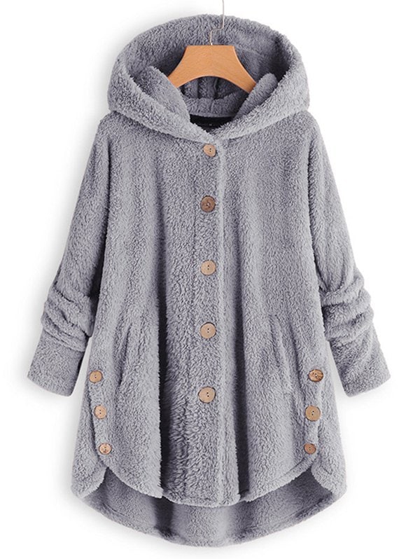 Hooded Faux Shearling Buttons Plus Size Coat