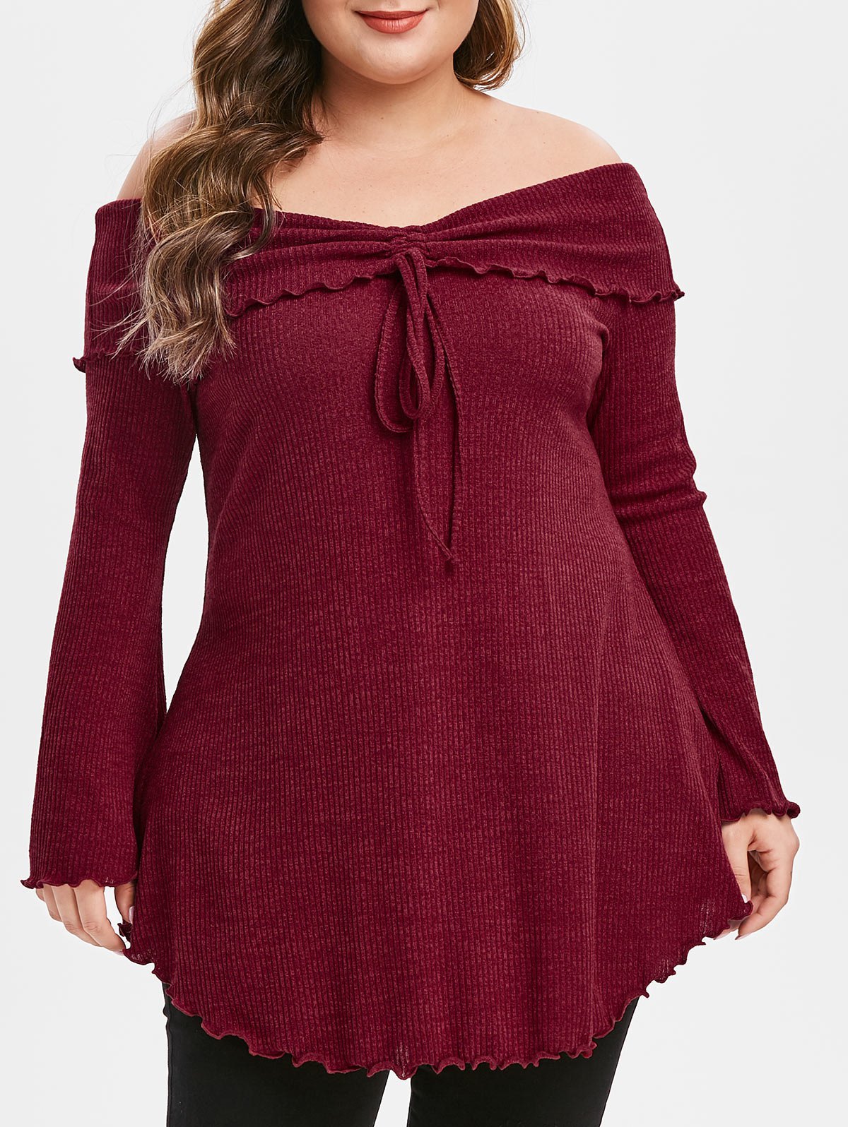 Plus Size Flare Sleeve Cinched Off The Shoulder Ribbed Sweater