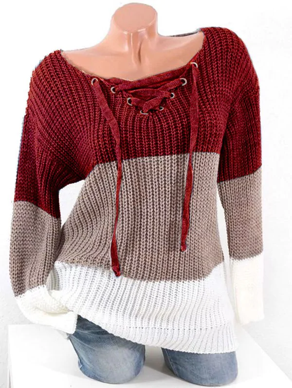 Plus Size Colorblock Lace Up Chunky Sweater