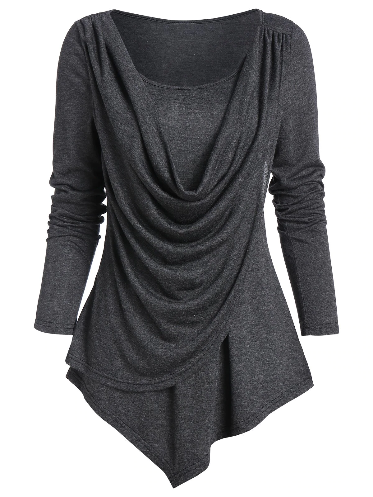 Pointed Hem Heathered Draped Overlap T-shirt