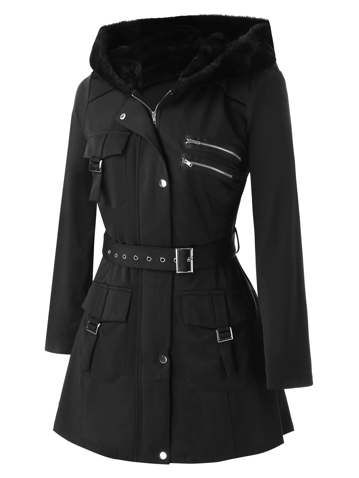 Plus Size Pockets Buckles Zippered Coat