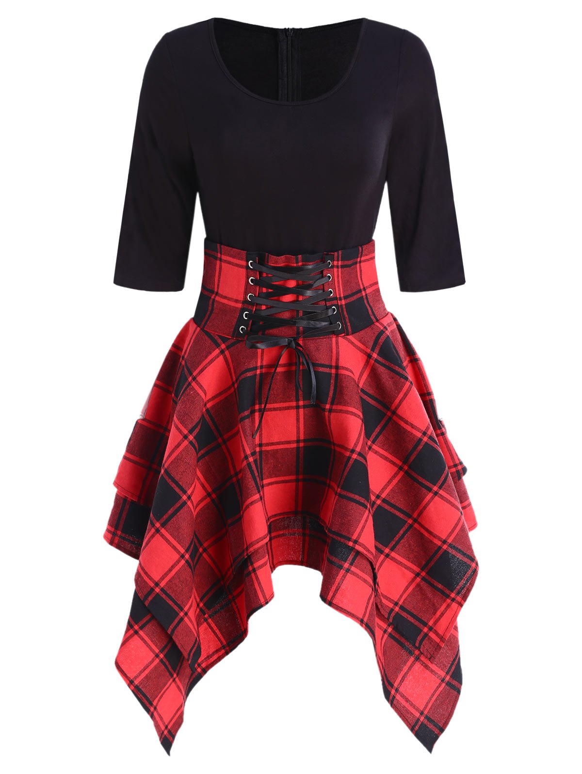 Lace Up Plaid Asymmetrical Dress