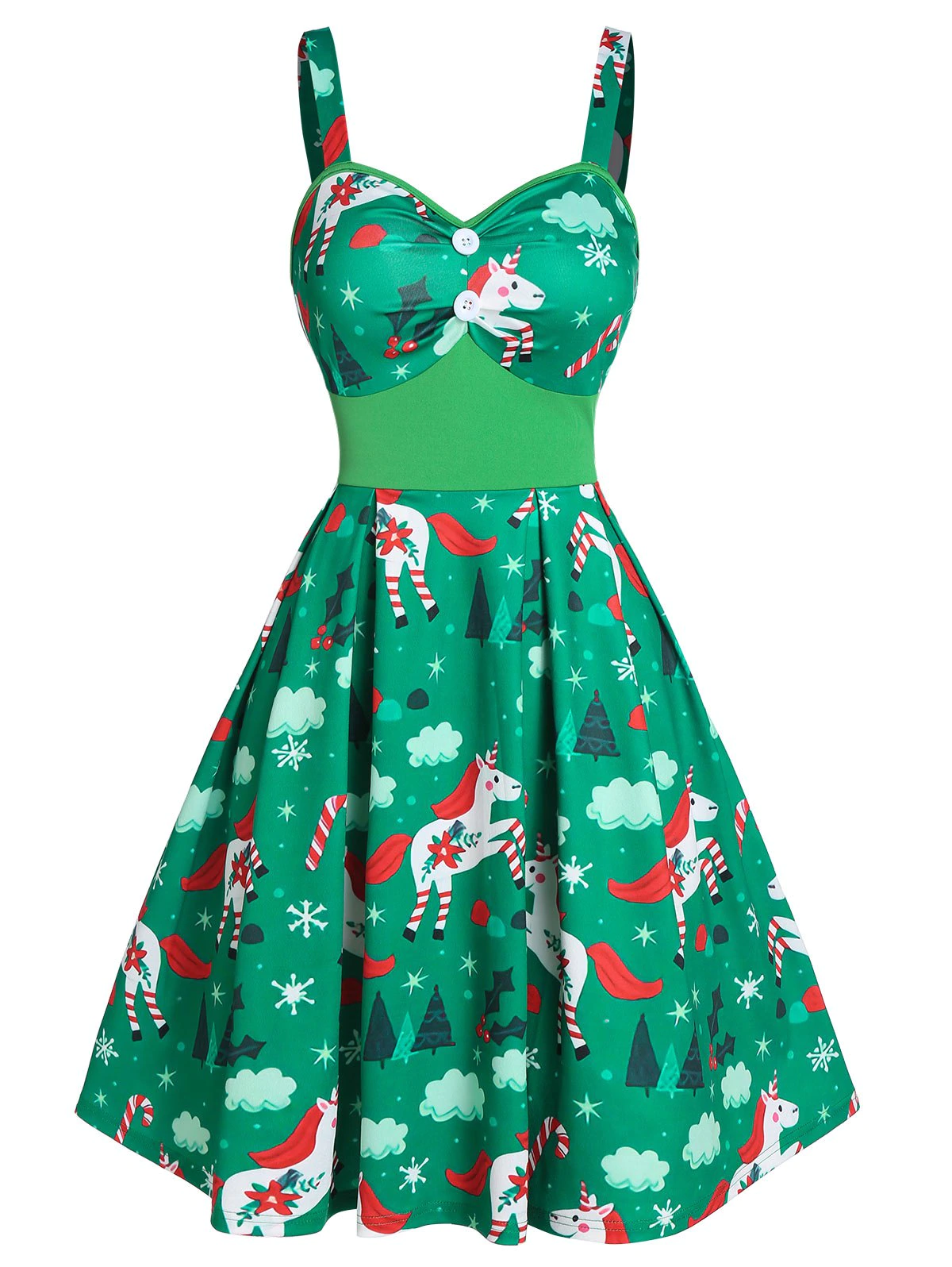 Christmas Unicorn Print Button Cami A Line Dress