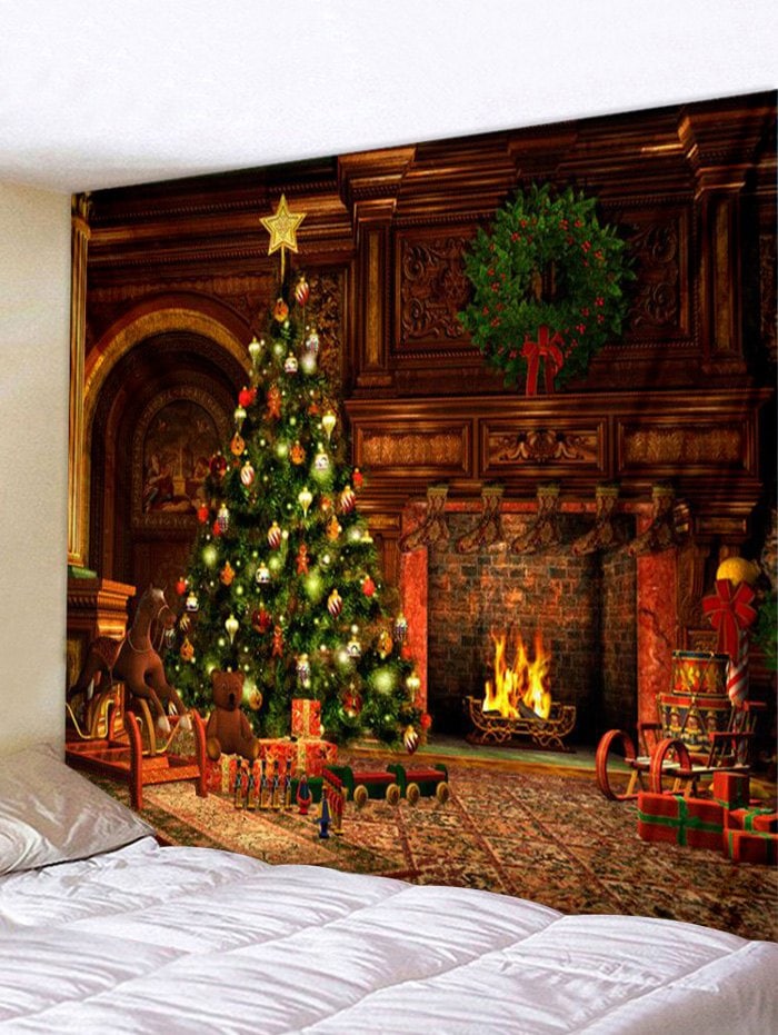 Christmas Tree Fireplace Print Tapestry Wall Hanging Art