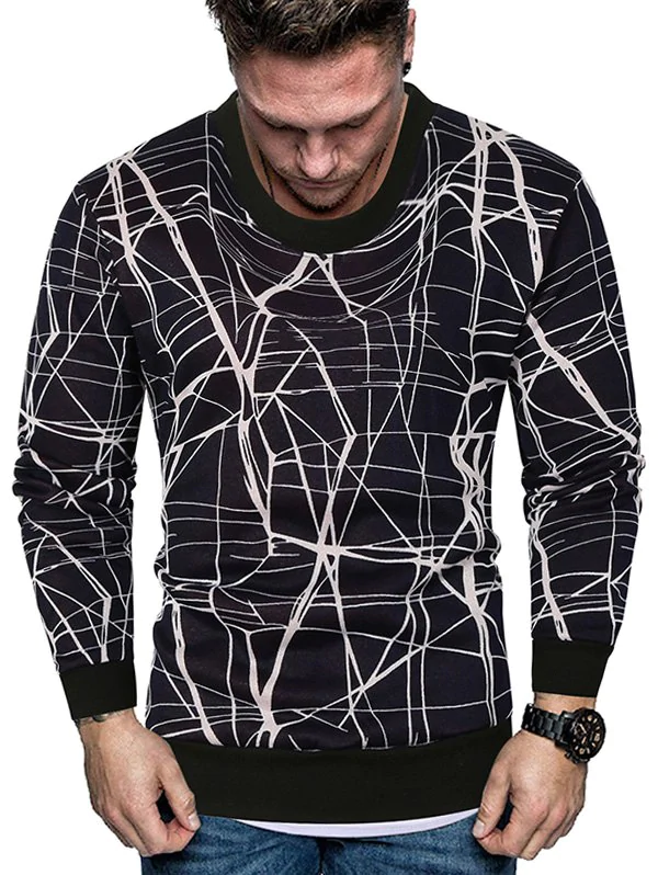 Line Print Crew Neck Fleece Sweater