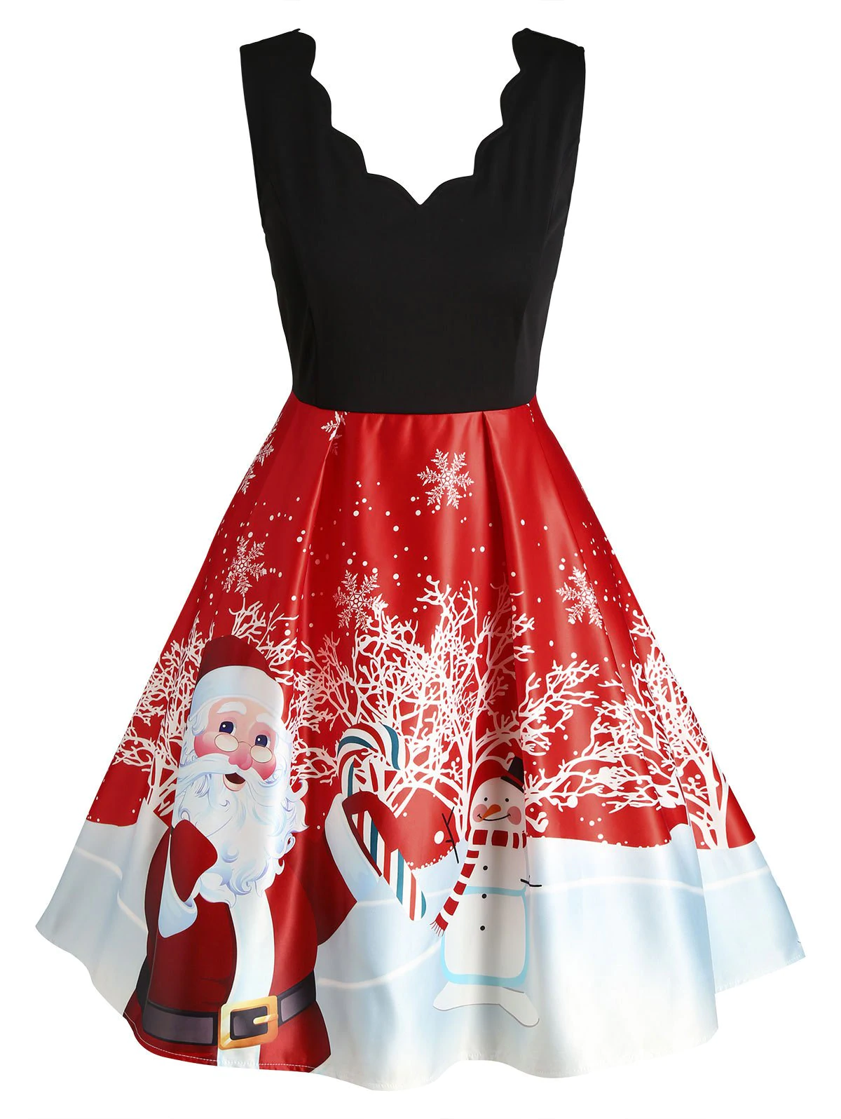 Plus Size Vintage Scalloped Christmas Printed Dress