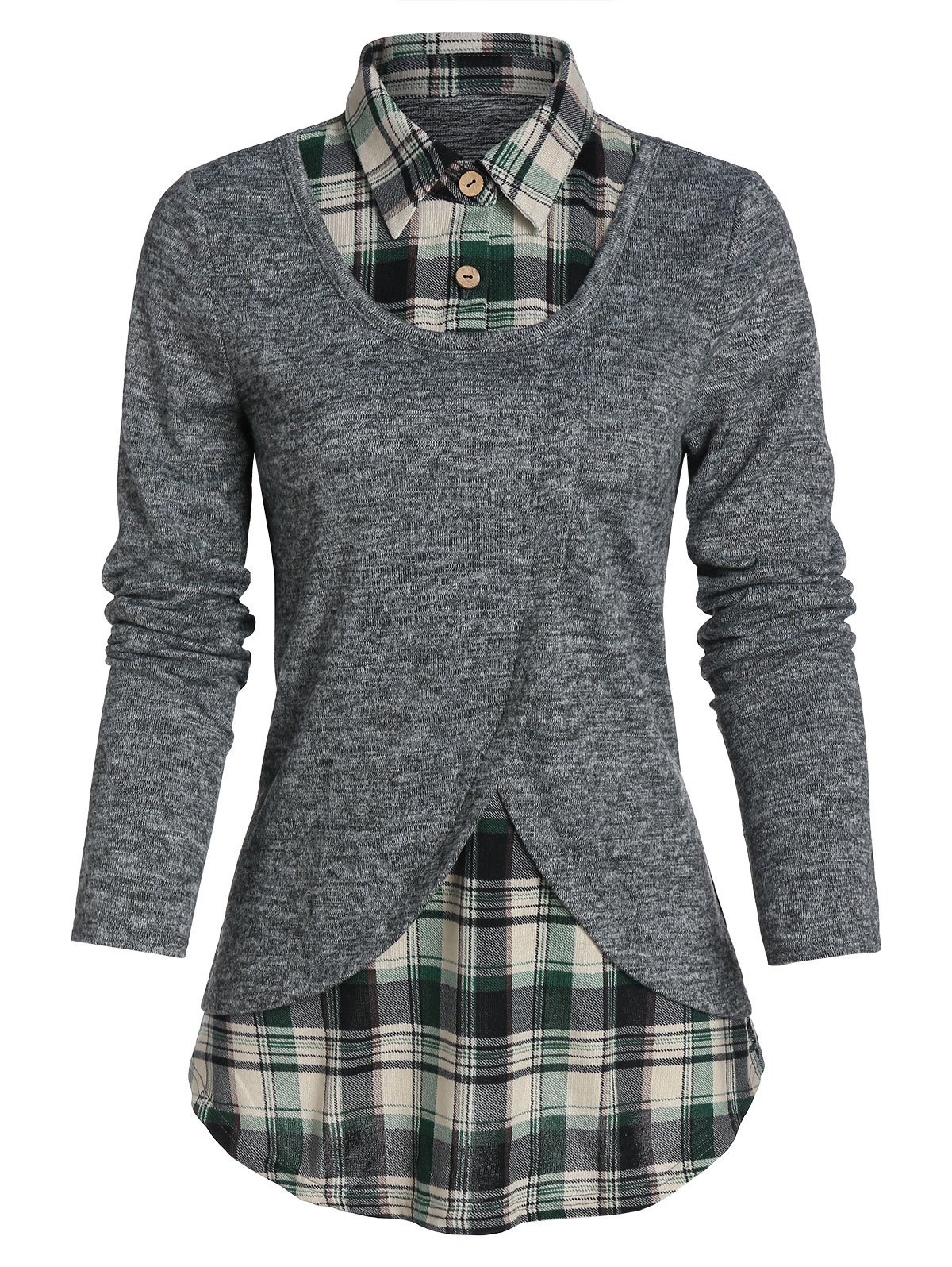 Plaid Print Curved Hem Overlap Faux Twinset Sweater