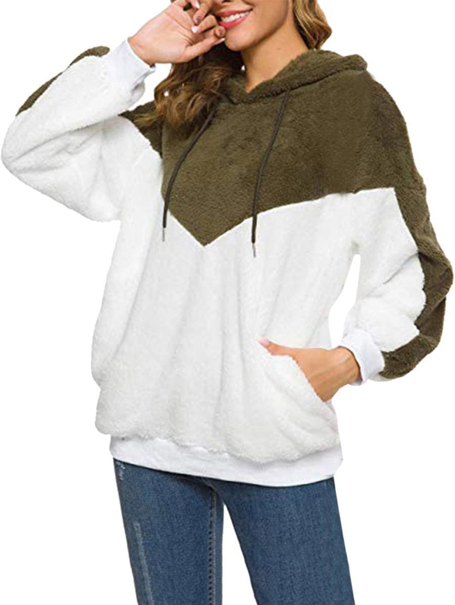 Two Tone Fluffy Pocket Drop Shoulder Hoodie