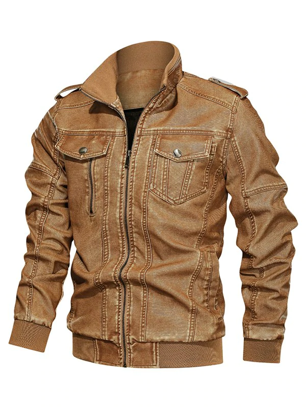 Solid Color Faux Leather Cargo Jacket