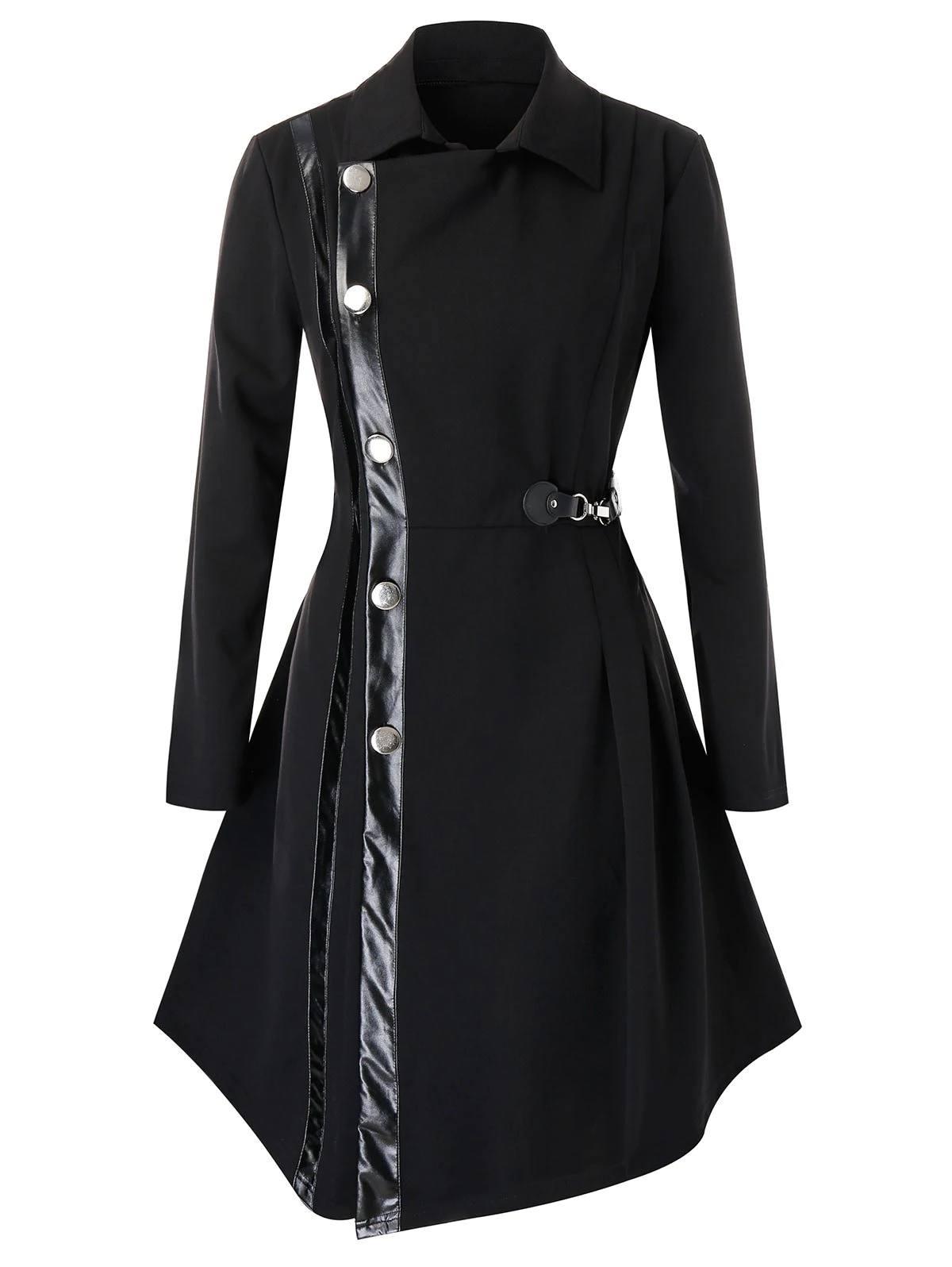 Plus Size PU Trim Buckle Asymmetric Coat