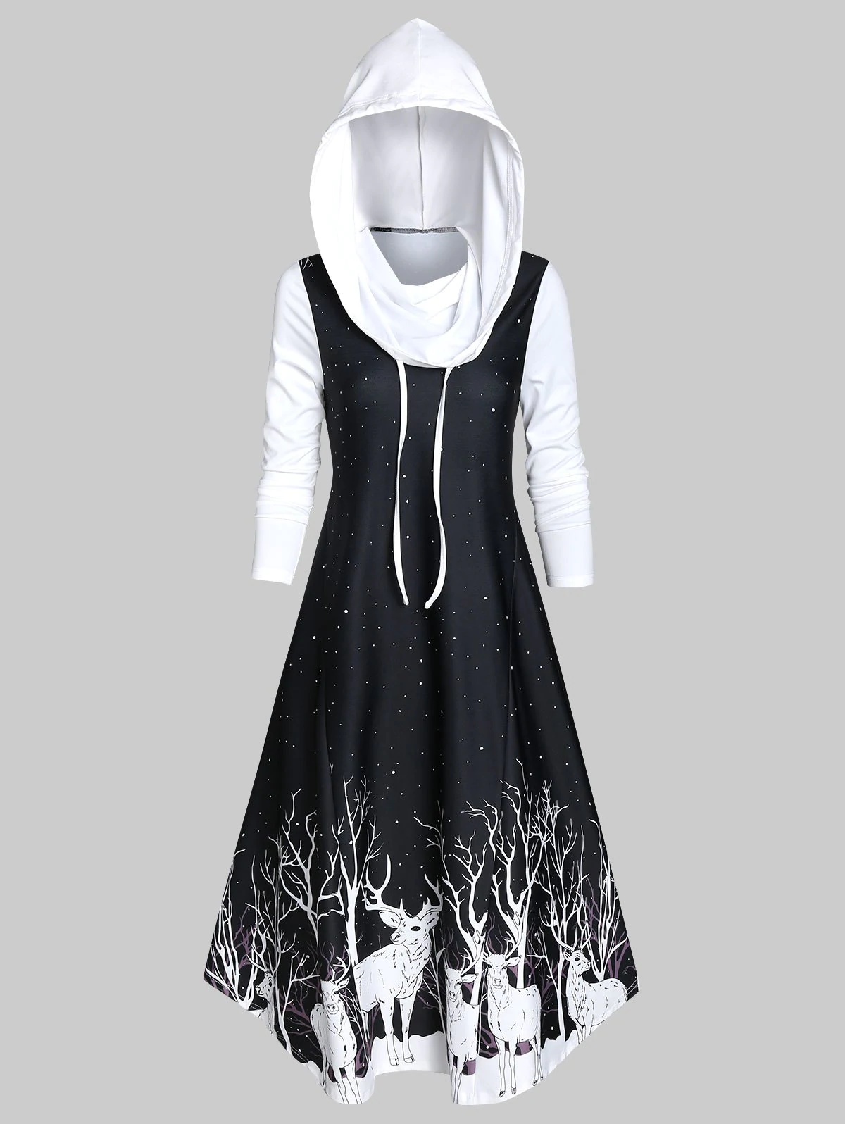 Hooded Deer Print A Line Long Sleeve Dress