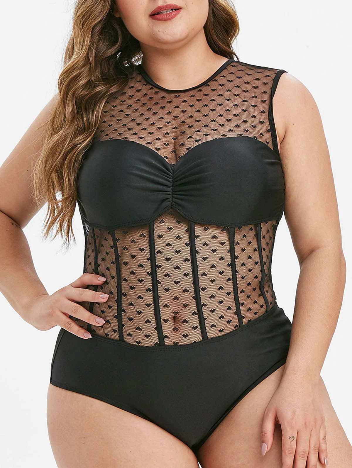 Plus Size Sheer Mesh Panel Ruched One-piece Swimwear