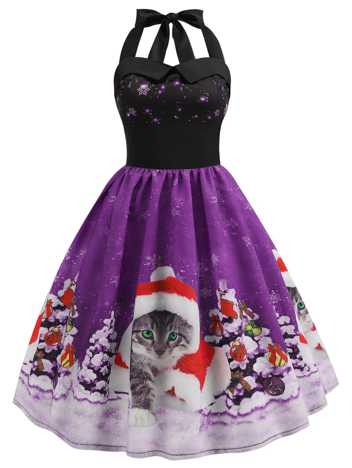 Christmas Tree Cat Snowflake Smocked Back Halter Plus Size Dress