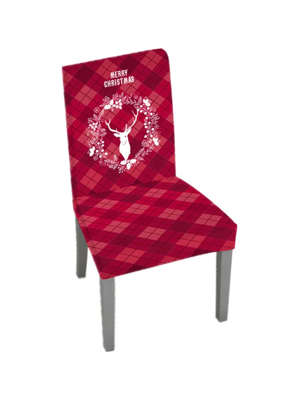 Christmas Wreath Elk Plaid Pattern Chair Cover