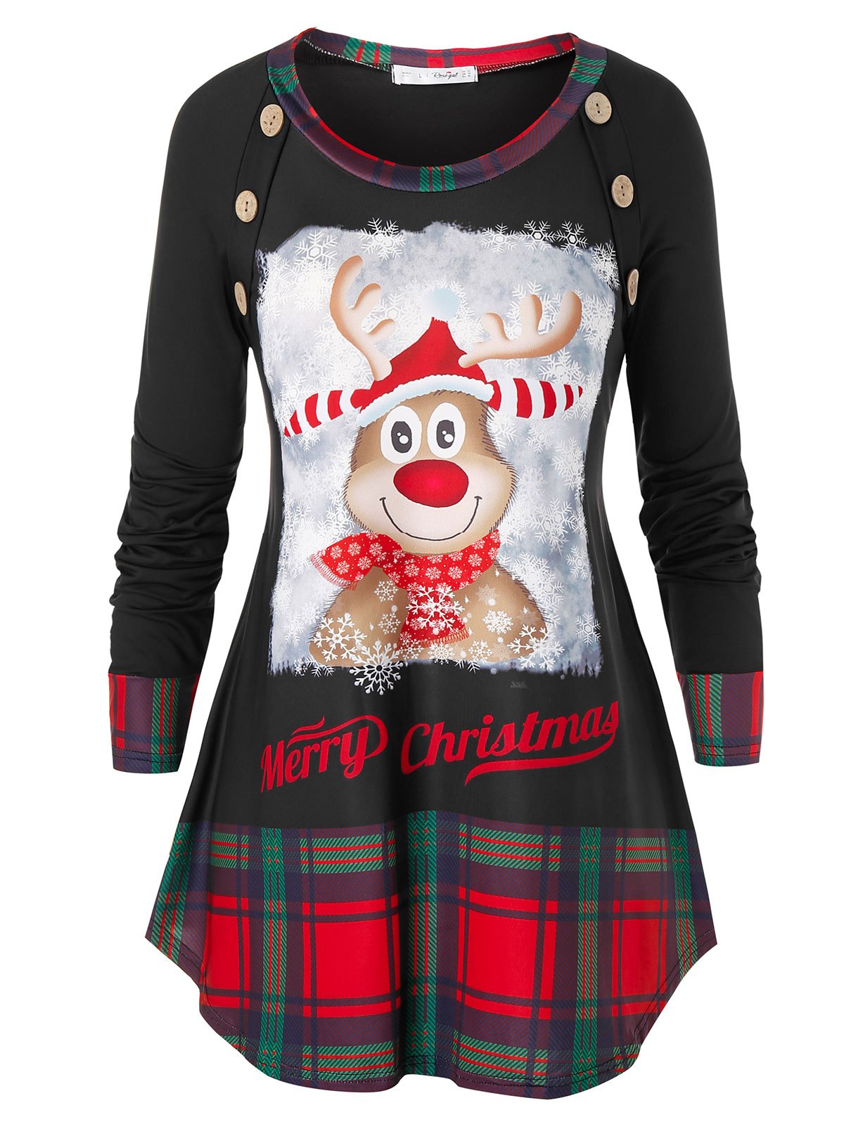 Plus Size Elk Print Plaid Christmas T Shirt