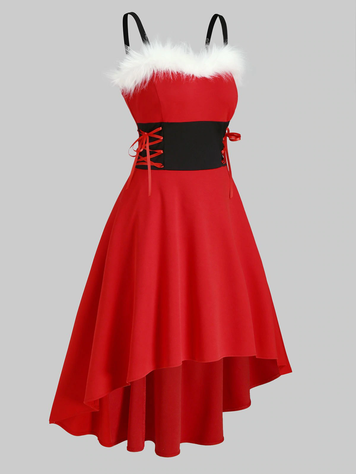 Christmas Faux Fur Insert Lace Up High Low Dress