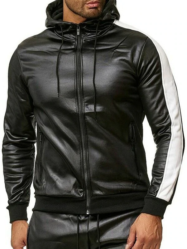 Color Spliced Faux Leather Zipper Jacket