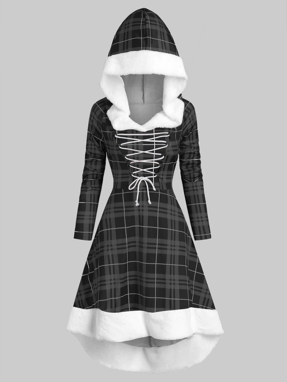 Plaid Faux Fur Insert Hooded Lace Up High Low Dress