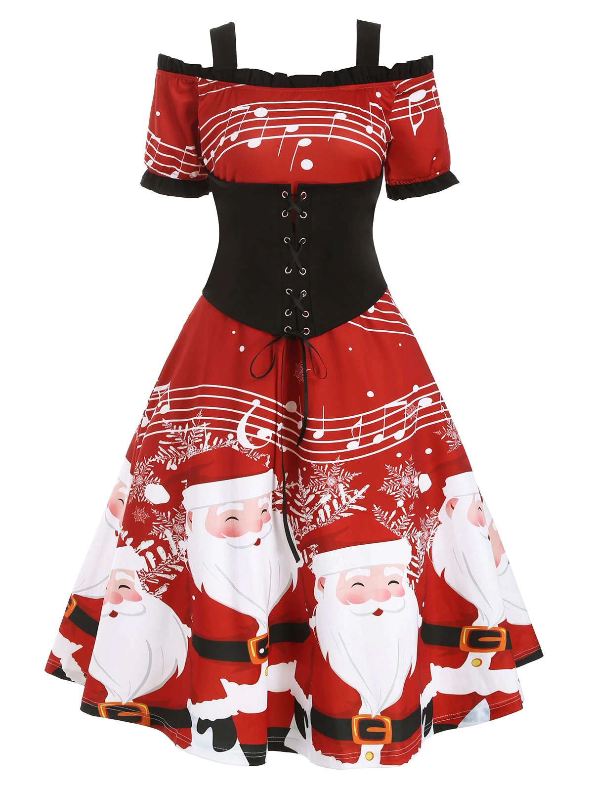 Christmas Santa Claus Musical Note Cold Shoulder Lace Up Dress