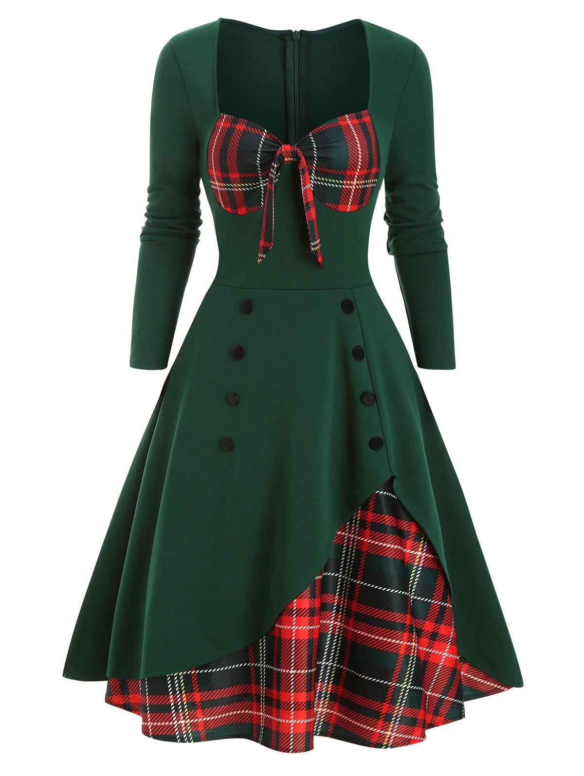 Plaid Button Embellished Overlap Bowknot Dress