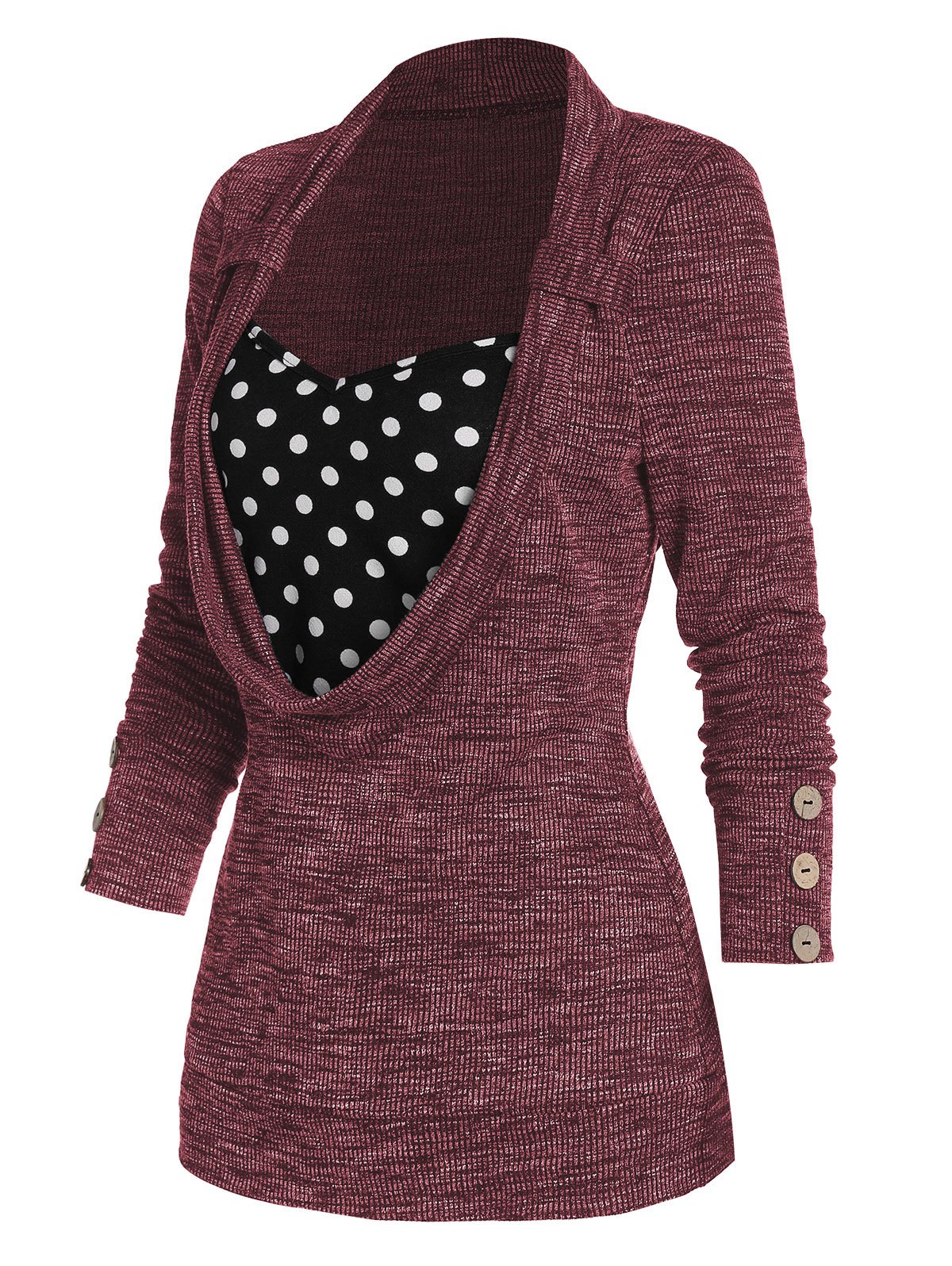 Polka Dot Print Button Embellished Faux Twinset Sweater