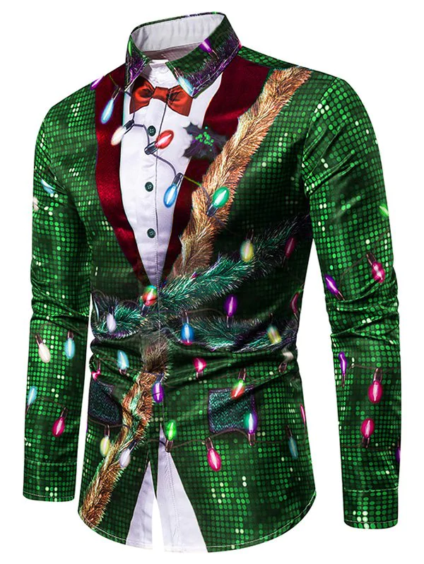 Christmas Faux Sequins Button Up Tuxedo Shirt