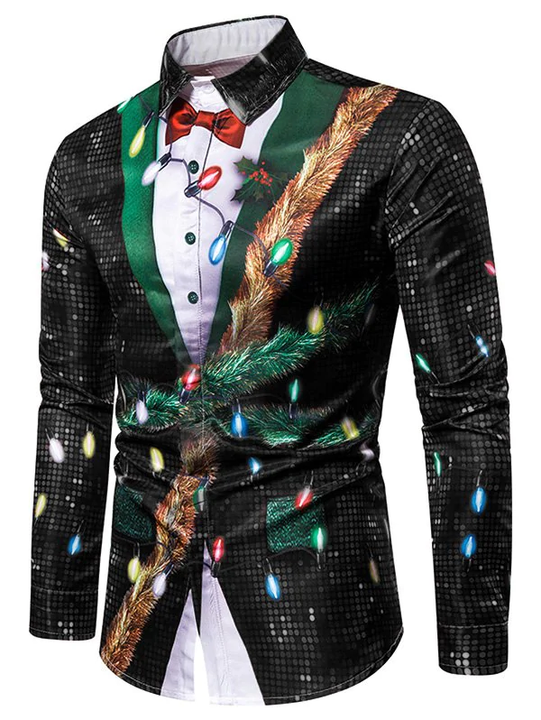 Christmas Faux Sequins Button Up Tuxedo Shirt