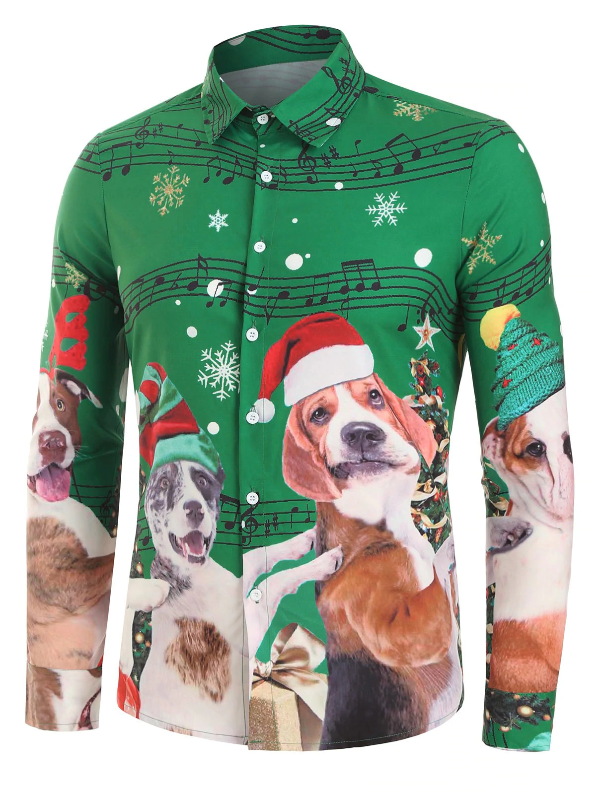 Christmas Dog Music Notes Print Button Up Shirt