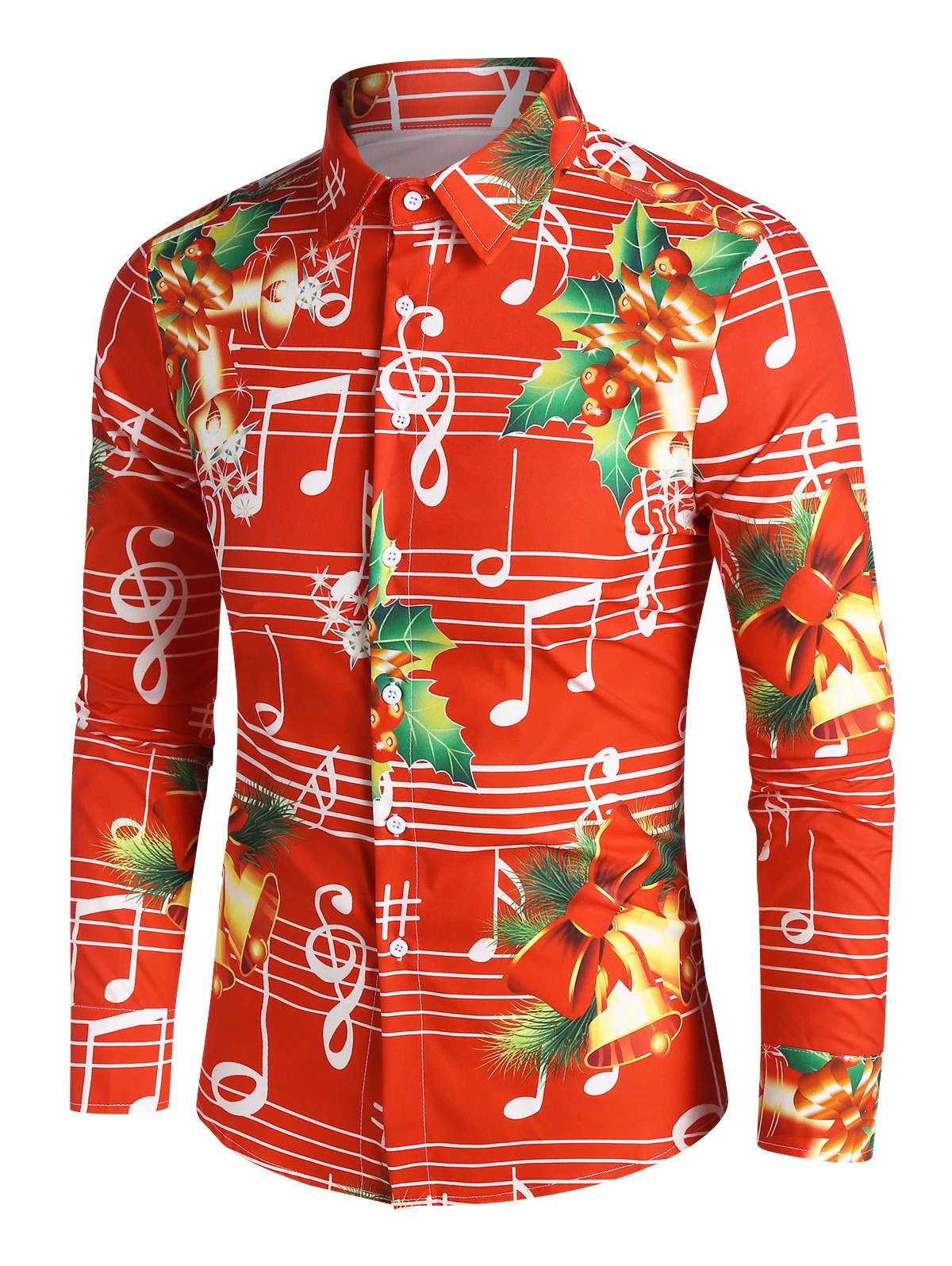 Christmas Bells Music Notes Print Button Up Shirt