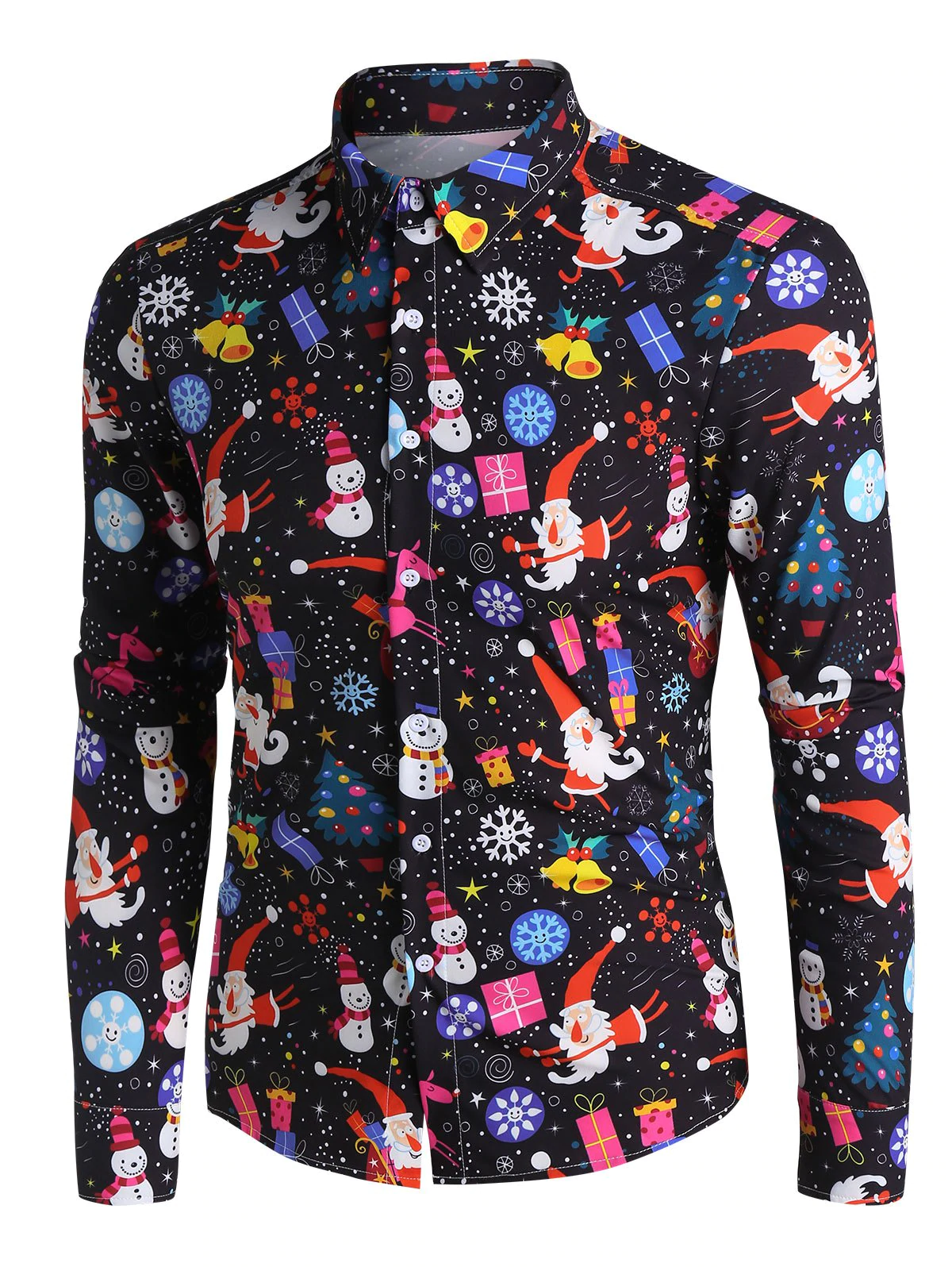 Christmas Santa Claus and Snowman Print Button Up Shirt