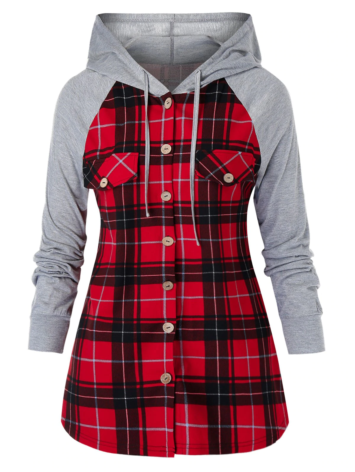 Plus Size Plaid Button Front Raglan Sleeve Hoodie