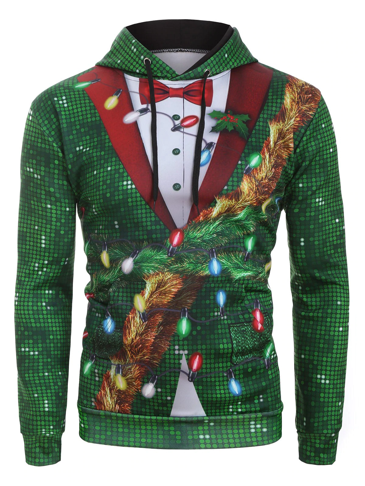 Christmas Lighting Sequin Print Faux Tuxedo Drawstring Hoodie