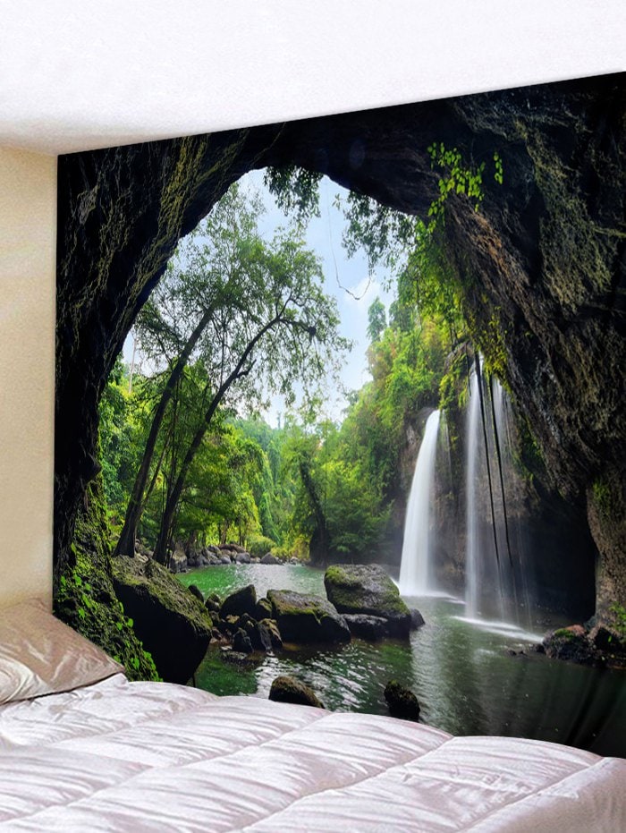 Printed Waterfall Tree Cave Brushed Tapestry