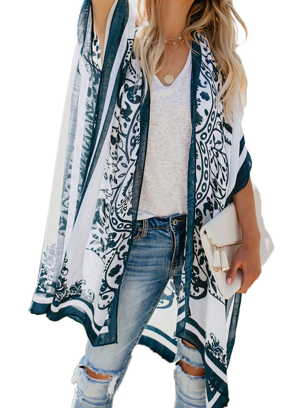 rinted Collarless Slit Poncho Cover Up