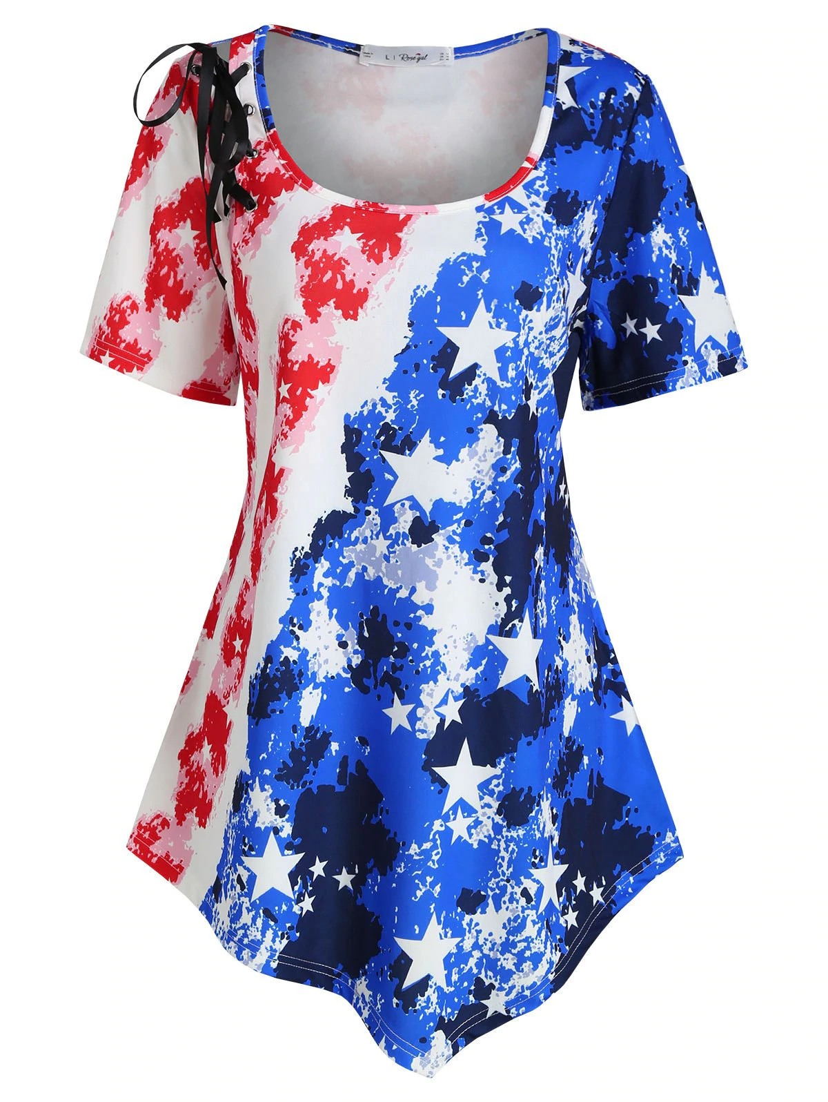 Plus Size Lace Up American Flag Print T Shirt