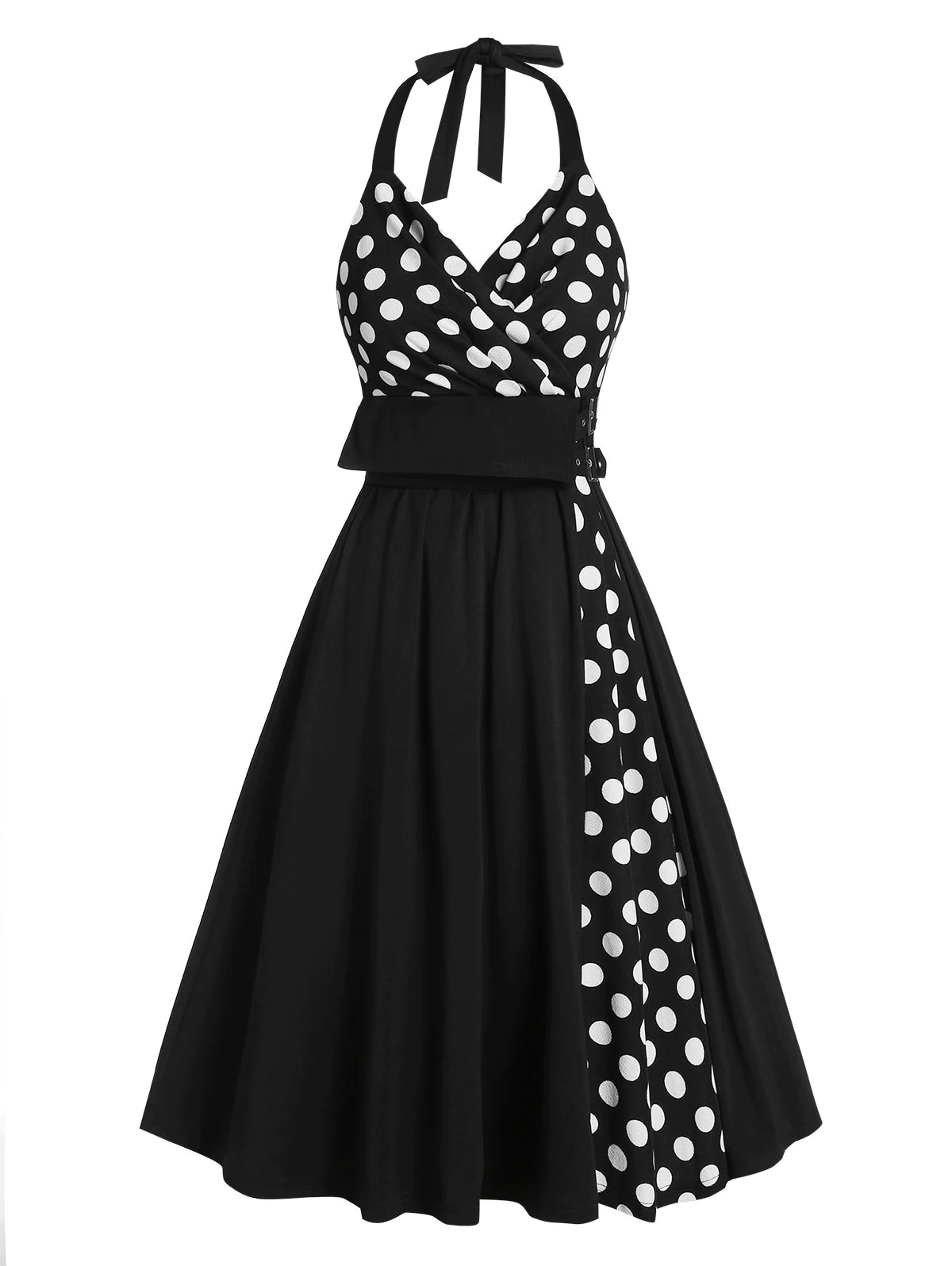 Halter Polka Dot Print Buckle Strap Vintage Dress