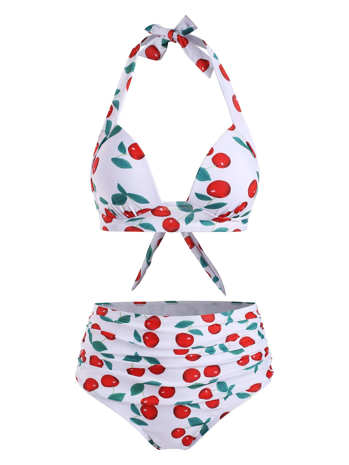 Cherry Print High Waisted Ruched Bikini Swimsuit