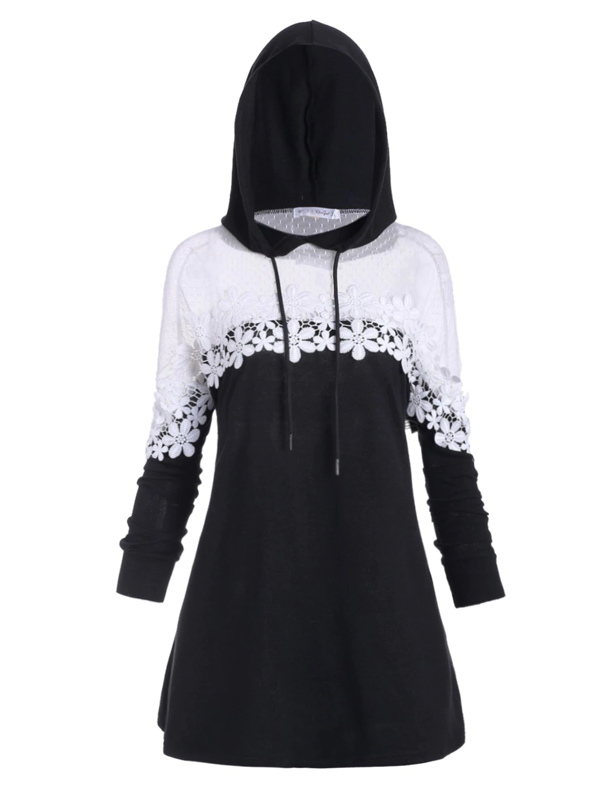 Plus Size Drawstring Contrast Lace Hoodie