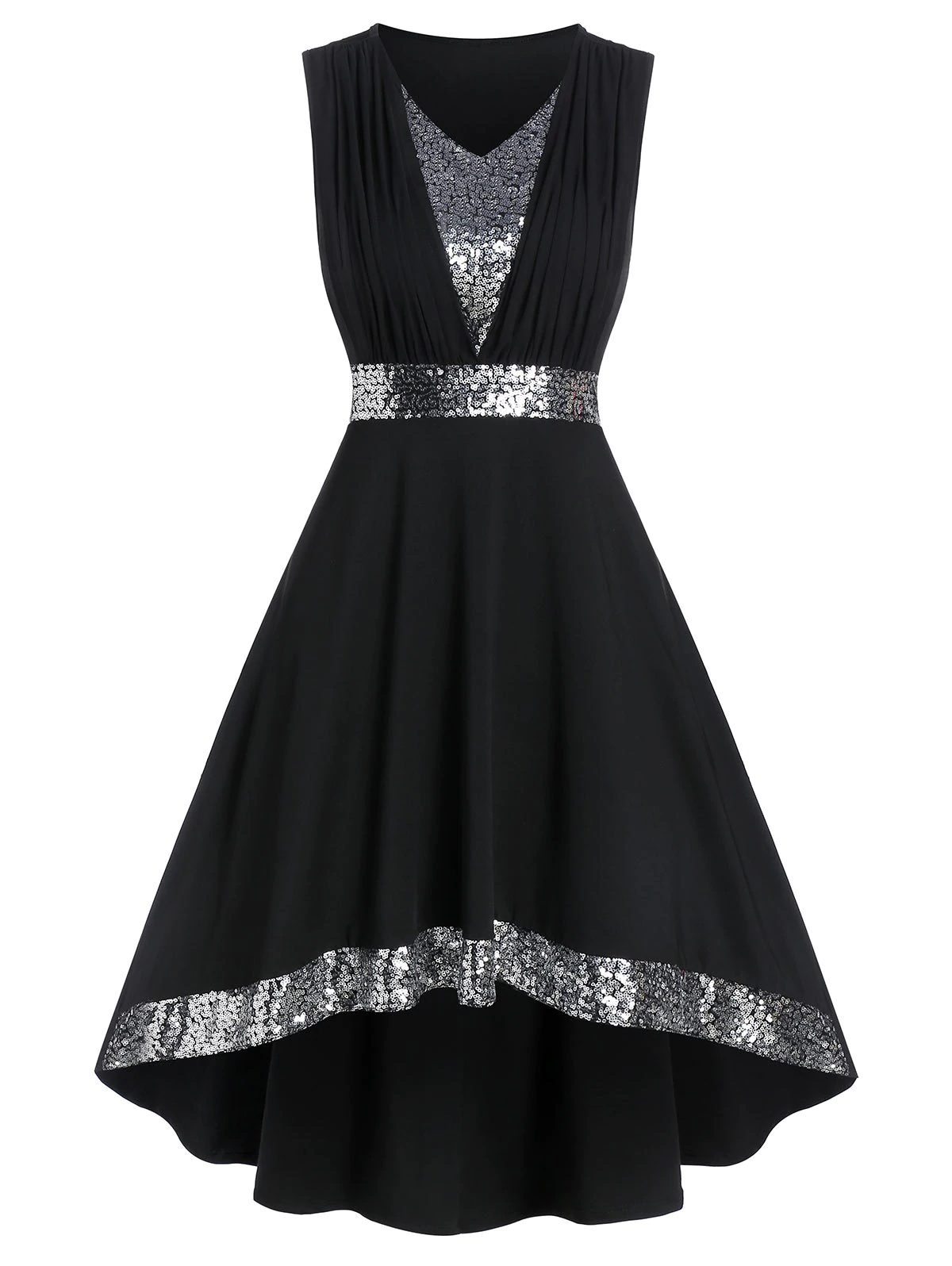 Sequin Panel Sleeveless High Low Prom Dress